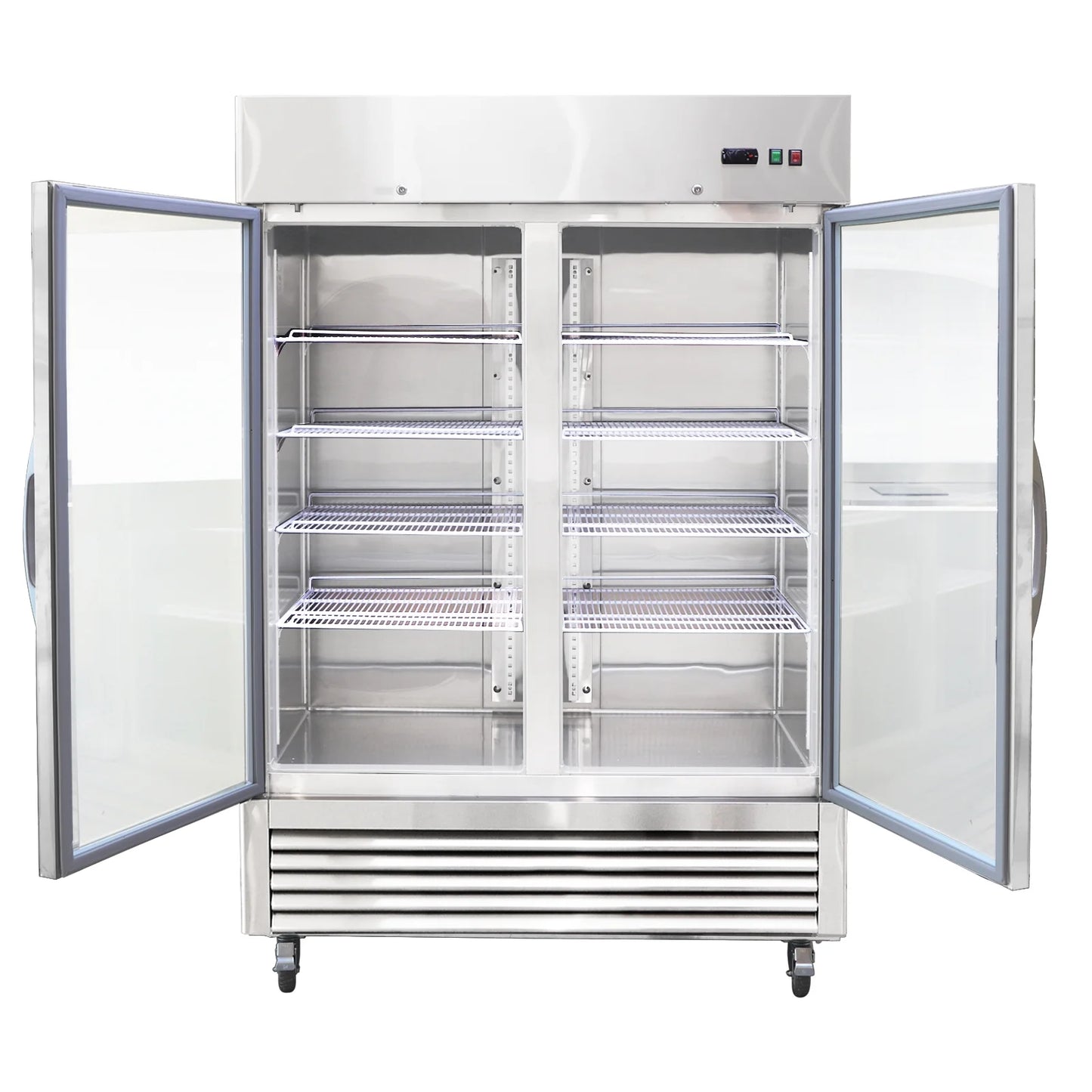 54"W Commercial Refrigerator 2 Glass Door Stainless Steel Interior and Exterior Construction Display Refrigerator 42.2 Cu.ft. Reach-in Merchandising Refrigerator Upright Fan Cooling Merchandiser
