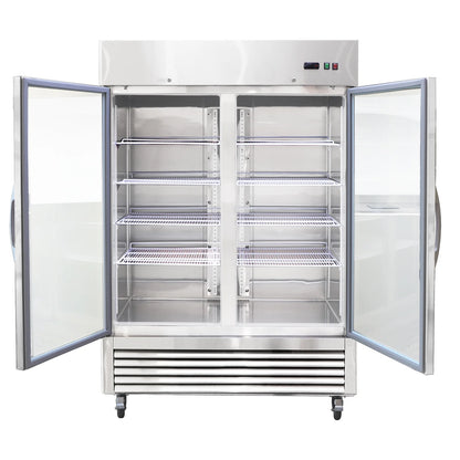 54"W Commercial Refrigerator 2 Glass Door Stainless Steel Interior and Exterior Construction Display Refrigerator 42.2 Cu.ft. Reach-in Merchandising Refrigerator Upright Fan Cooling Merchandiser