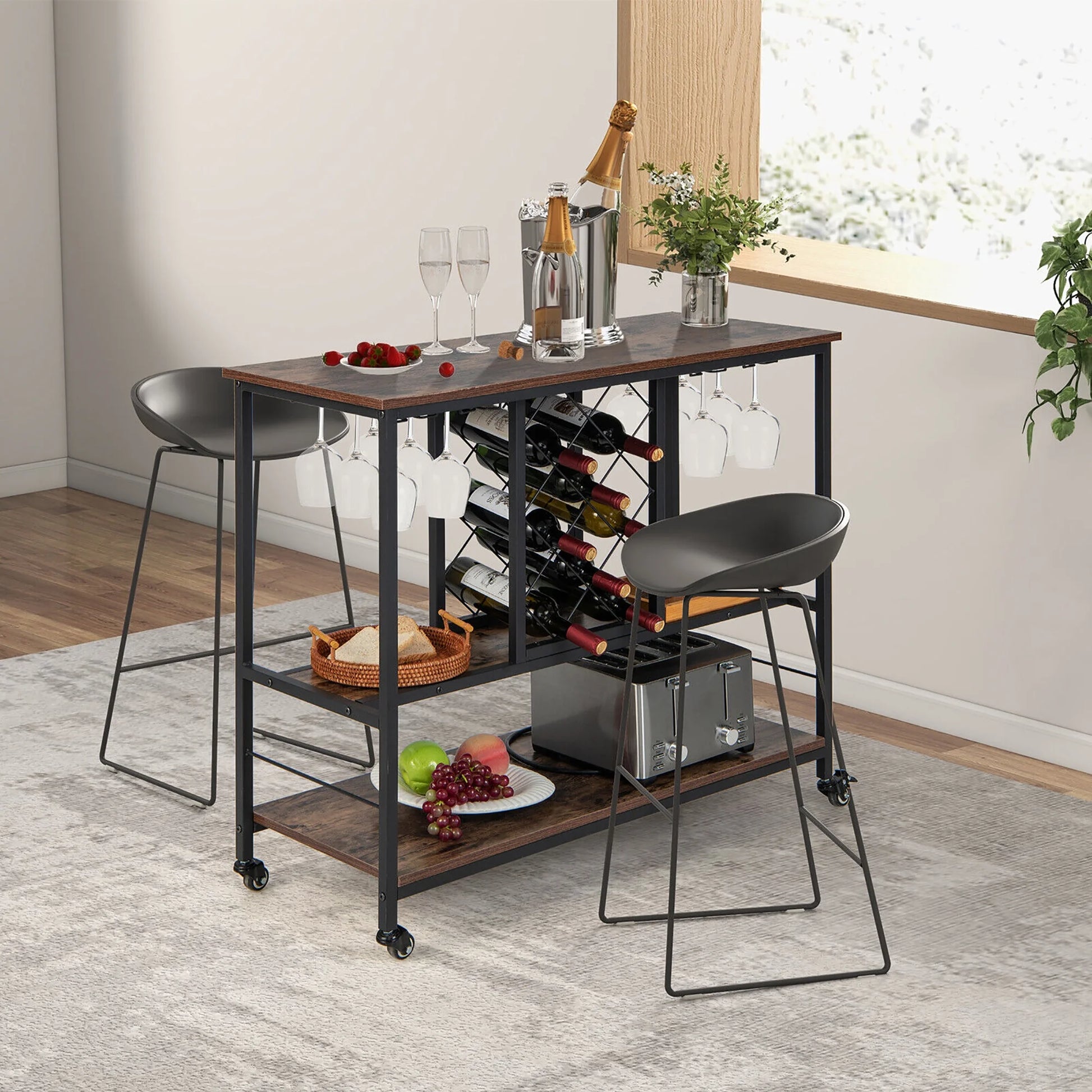 Gymax Industrial Liquor Bar Cart Rolling Kitchen Serving Cart w/Wine Rack Glass Holder