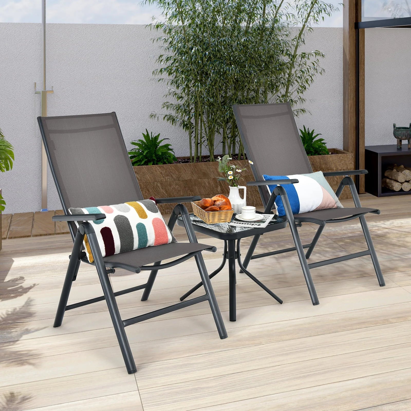 Costway 3PCS Bistro Set Folding Adjustable Chairs Square Glass Table Garden