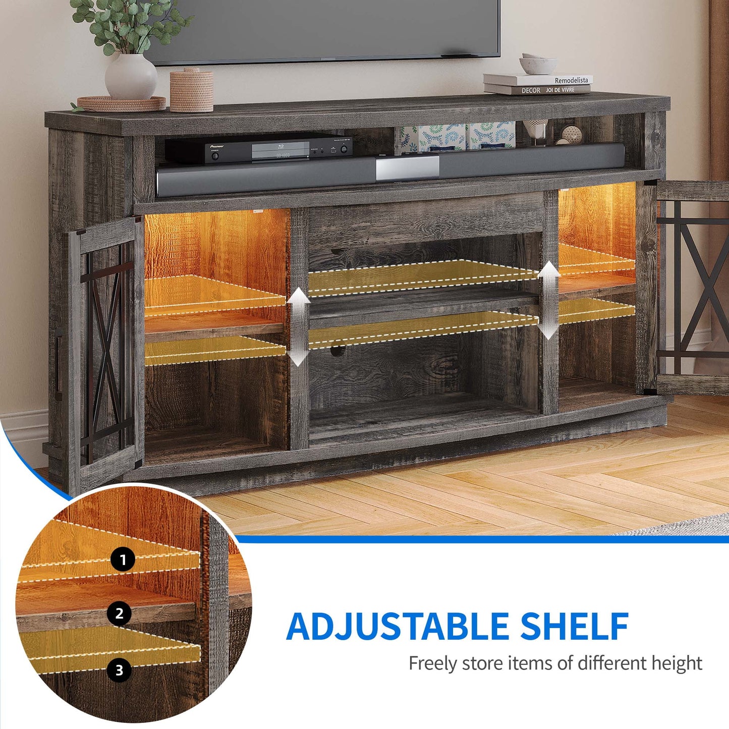 Dextrus TV Stand with LED Lights for TVs up to 70", Entertainment Center Media Console Cabinet with Glass Door, Rustic Gray