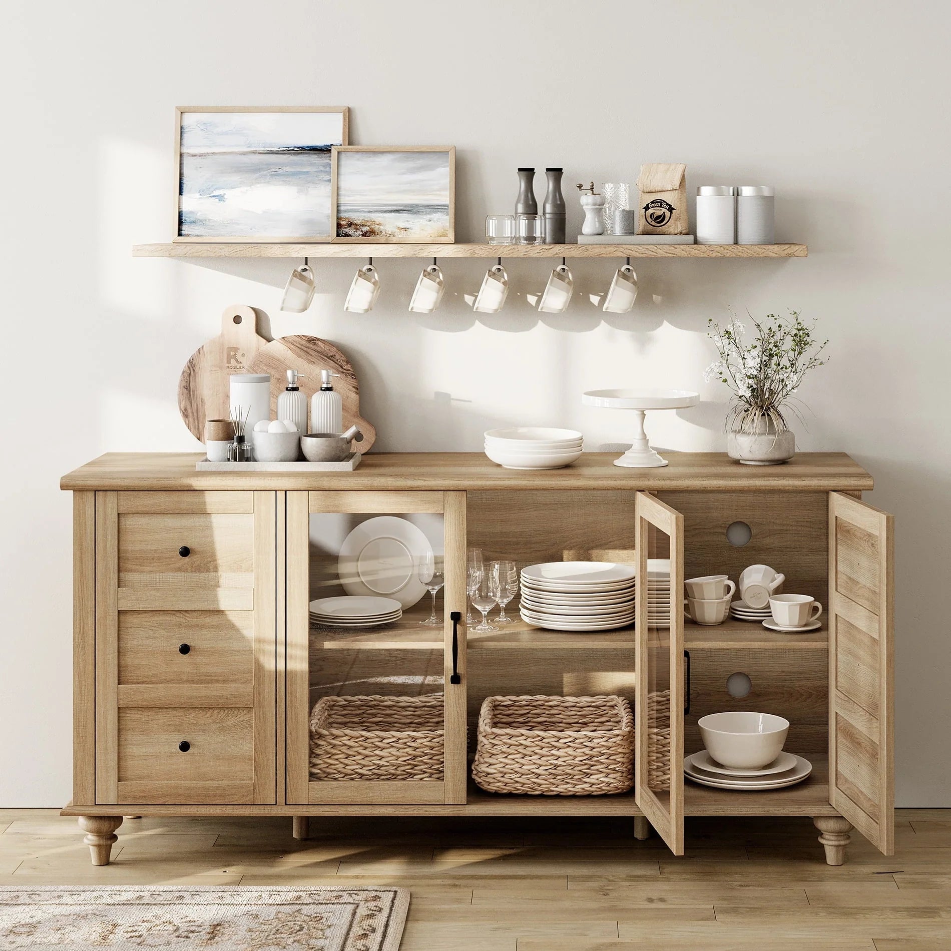 WAMPAT Sideboard Buffet Cabinets with Glass Door, Kitchen Storage Cabinets, Wood Coffee Bar Tables, Accent Sideboard Storage Cabinet Table Dining Room, Living Room,Oak