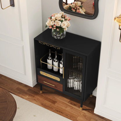CBJCBJ Wine Bar Cabinet, Modern Coffee Cabinet with 3 Rows of Glass Racks, Sideboard Cabinet, Black