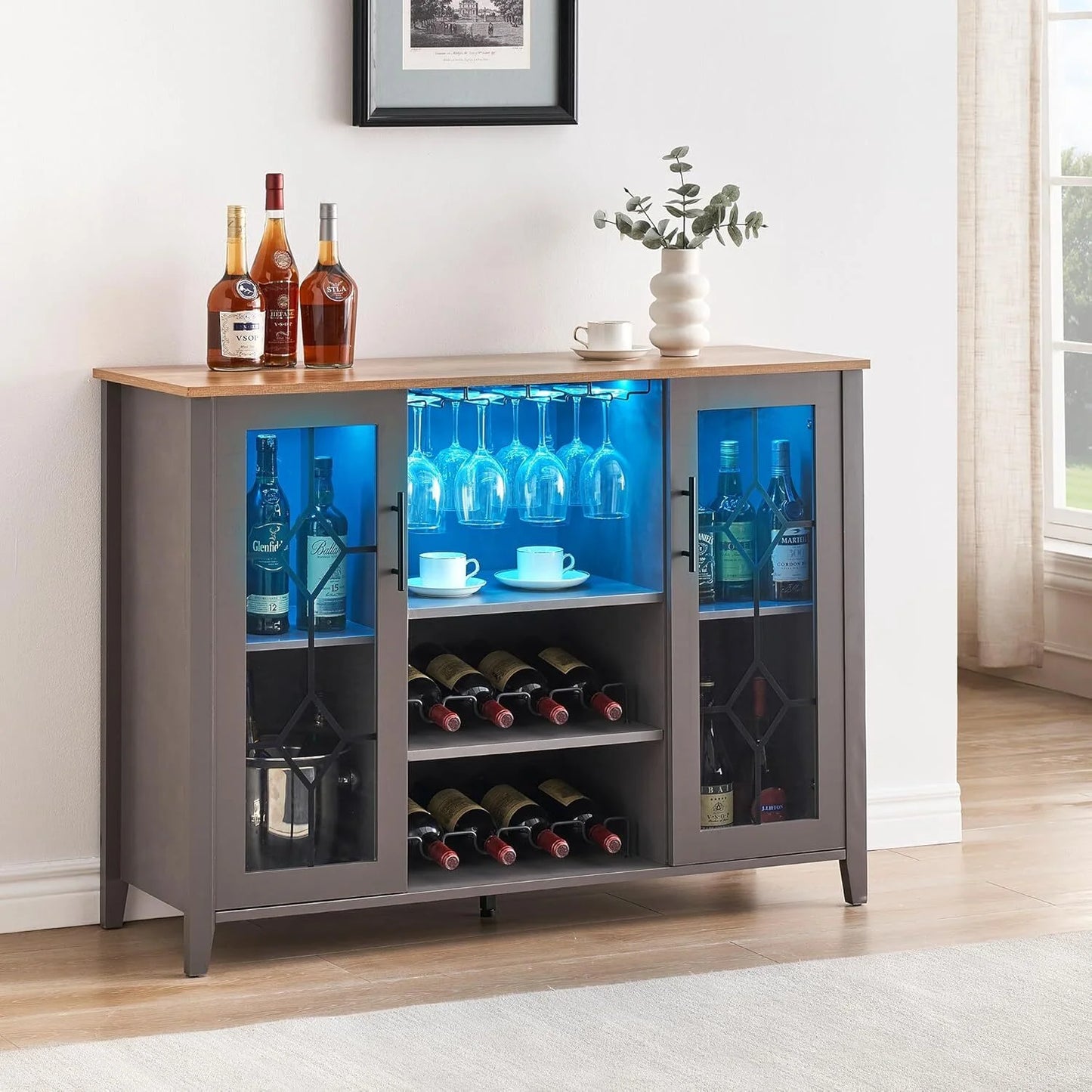 FOLDLIFE Wine Bar Cabinet with LED Lights, Liquor Cabinet Bar with Storage Cabinet, Coffee Cabinet with Bottles and Glass Rack, Buffet Sideboard with Storage Cabinet& Drawers,Dark Grey