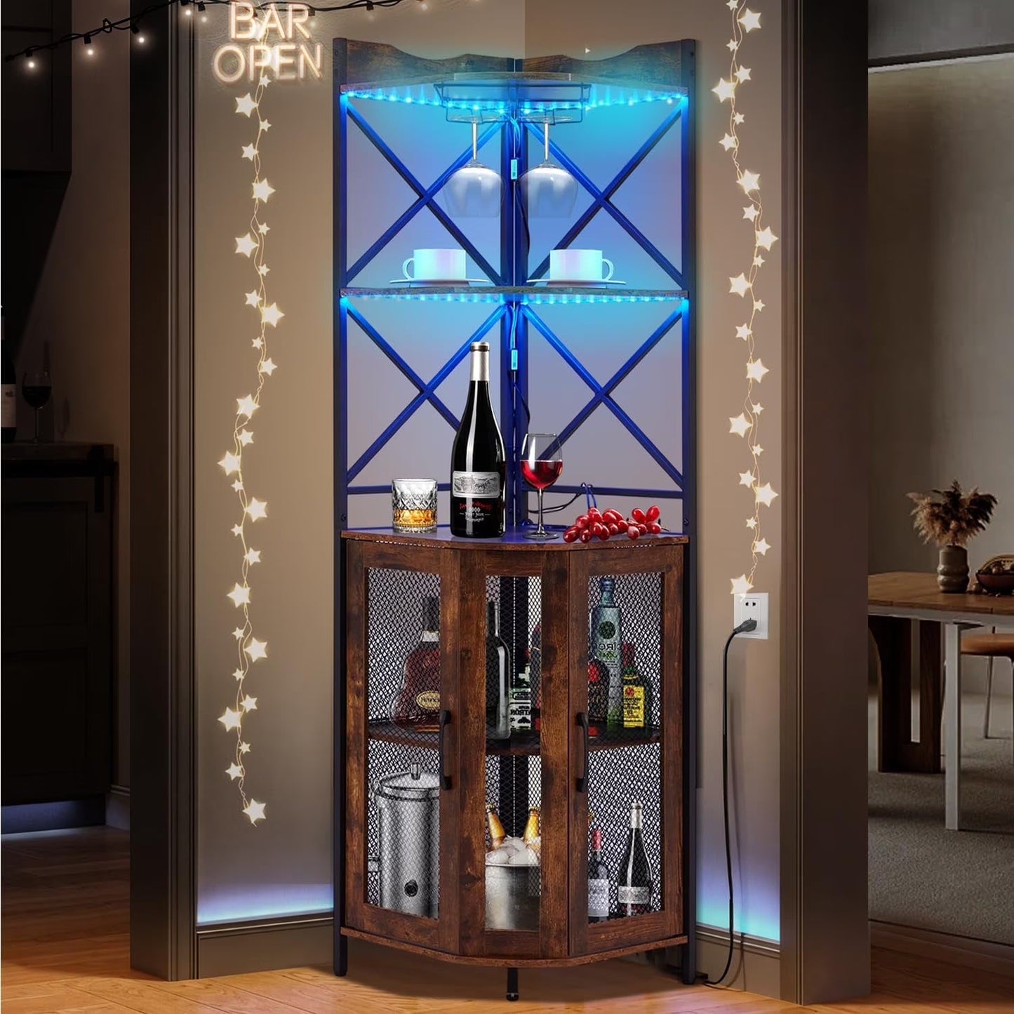 EROMMY Corner Bar Cabinet with Power Outlet, 5-Tiers Wine Bar Cabinet with LED Light and Glass Holder, Industrial Home Bar for Dining Room, Living Room, Kitchen, Modern Black