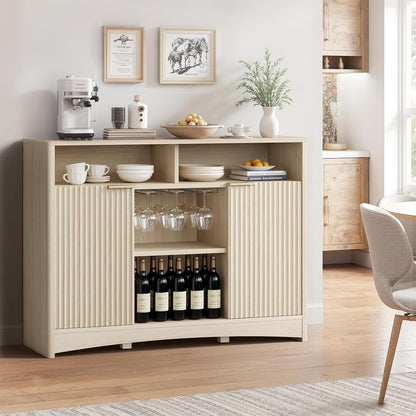 Amada 47.2" Wine Bar Cabinet for Liquor and Glasses, Modern Fluted Wood Coffee Bar Cabinet with Wine & Glass Rack, Buffet Sideboard with Adjustable Shelves for Home Dining Room Kitchen, Natural Oak