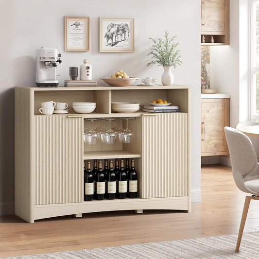 Amada 47.2" Wine Bar Cabinet for Liquor and Glasses, Modern Fluted Wood Coffee Bar Cabinet with Wine & Glass Rack, Buffet Sideboard with Adjustable Shelves for Home Dining Room Kitchen, Natural Oak