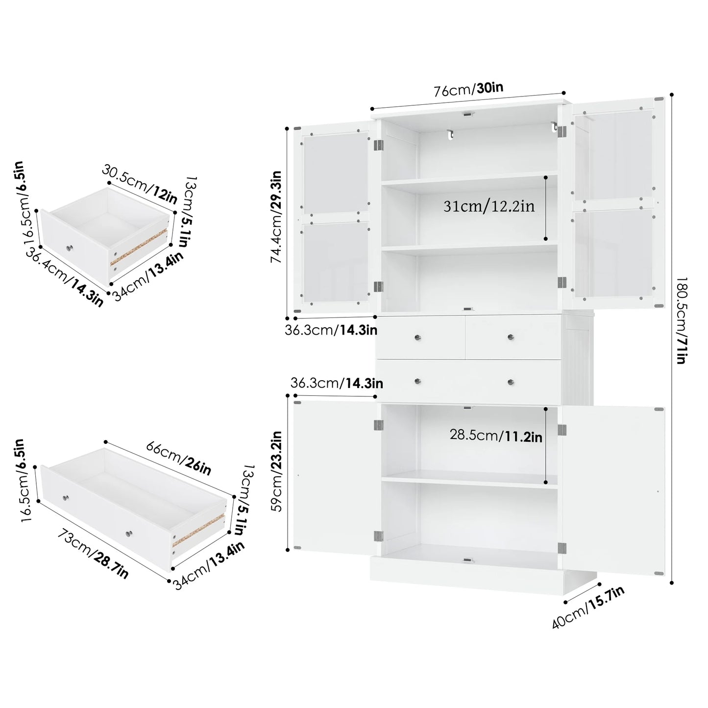 Homfa 71'' Kitchen Pantry with 5-Tier Shelves & 3 Drawers, Floor Cabinet Storage Cupboard With Display Glass Doors for Dining Room, White