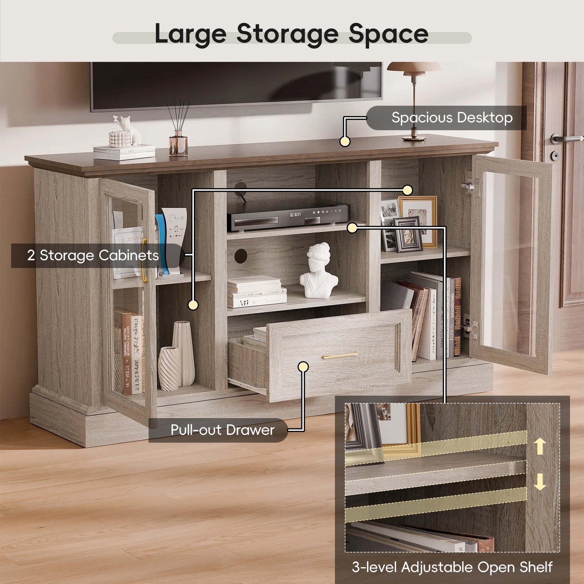 GETYES Farmhouse TV Stand for 70" TV, Wood Entertainment Center with Glass Doors and Adjustable Shelves