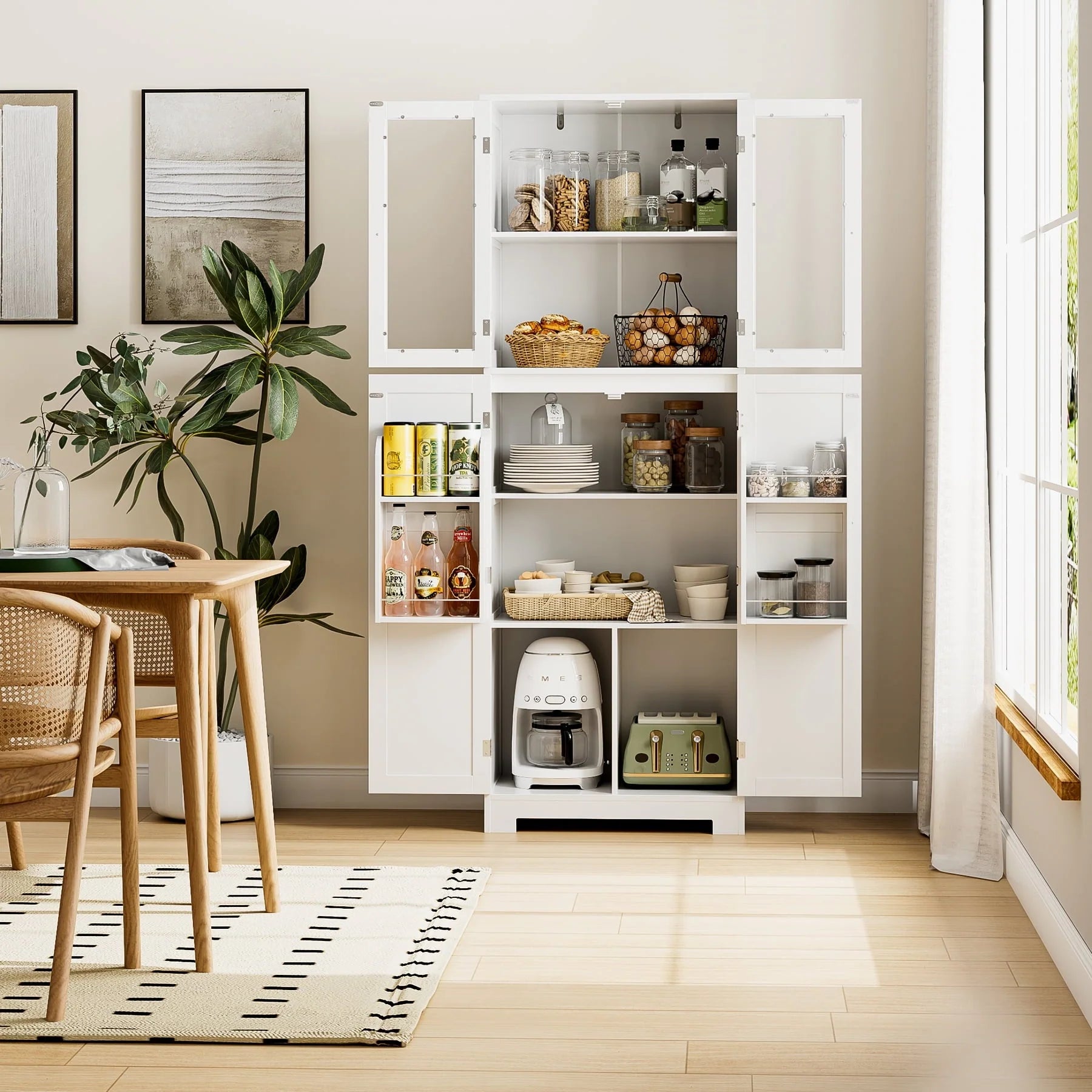 Homfa 67'' Farmhouse Kitchen Pantry Cabinet, Tall Storage Cabinet with Frosted Glass Doors for Dining Room, White