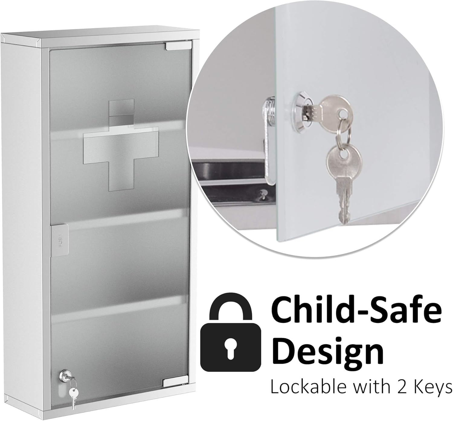 BOBOKY Wall Mounted Medicine Cabinet, Locking Wall Cabinet with 4 Tier Shelves, Stainless Steel Frame and Glass Door, Lockable with 2 Keys, Silver,12" x 24"