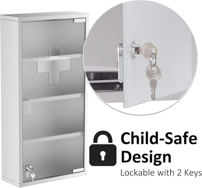BOBOKY Wall Mounted Medicine Cabinet, Locking Wall Cabinet with 4 Tier Shelves, Stainless Steel Frame and Glass Door, Lockable with 2 Keys, Silver,12" x 24"