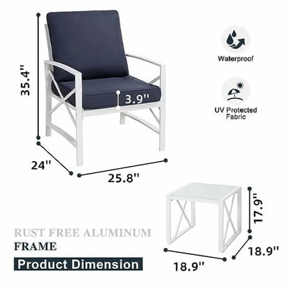 SUNLEI 3 Pcs Patio Outdoor Furniture Set, Porch Chairs Conversation Sets with Glass Coffee Table, Outside Metal Sofa Set for Garden, Balcony, Poolside, Backyard, Blue