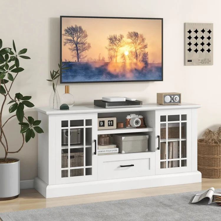 TV Stand for TVs up to 70 with Glass Doors Cubbies and Drawer
