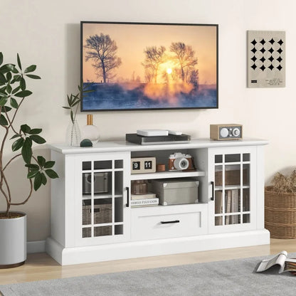 TV Stand for TVs up to 70 with Glass Doors Cubbies and Drawer