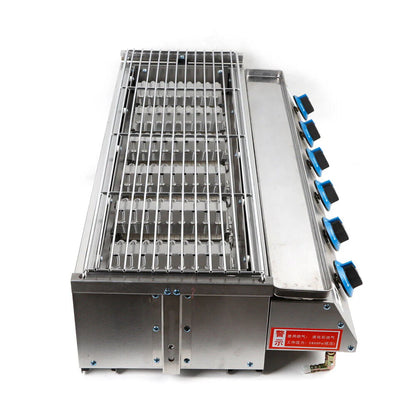 Commercial Gas LPG Grill 2800PA Outdoor BBQ Tabletop Cooker 6-Burner 6 Burners LPG Gas BBQ Grill Stainless Steel Smokeless Grill Glass Shield Outdoor