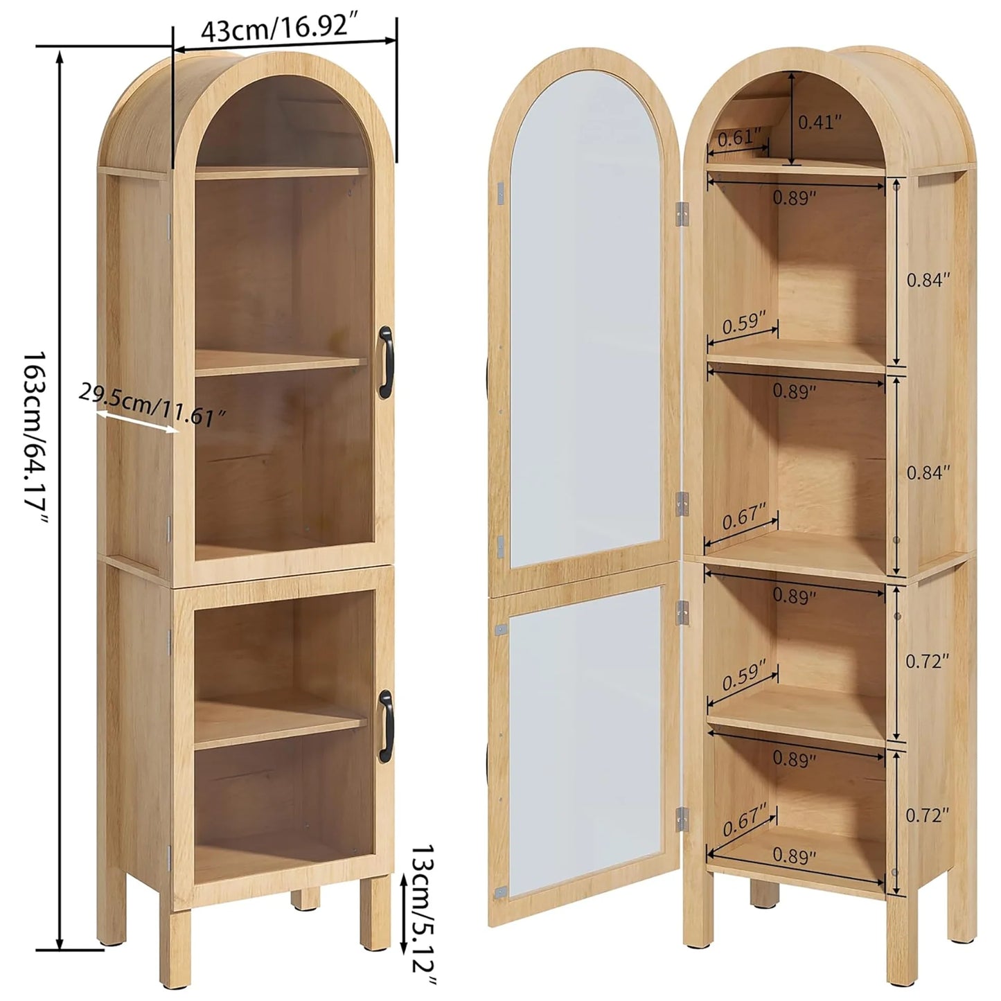 Tall Arched Storage Display Cabinet 5-Shelf with Acrylic Glass Doors, Kitchen Pantry Storage Cabinet Accent Cabinet Bookcase for Living Dining Room