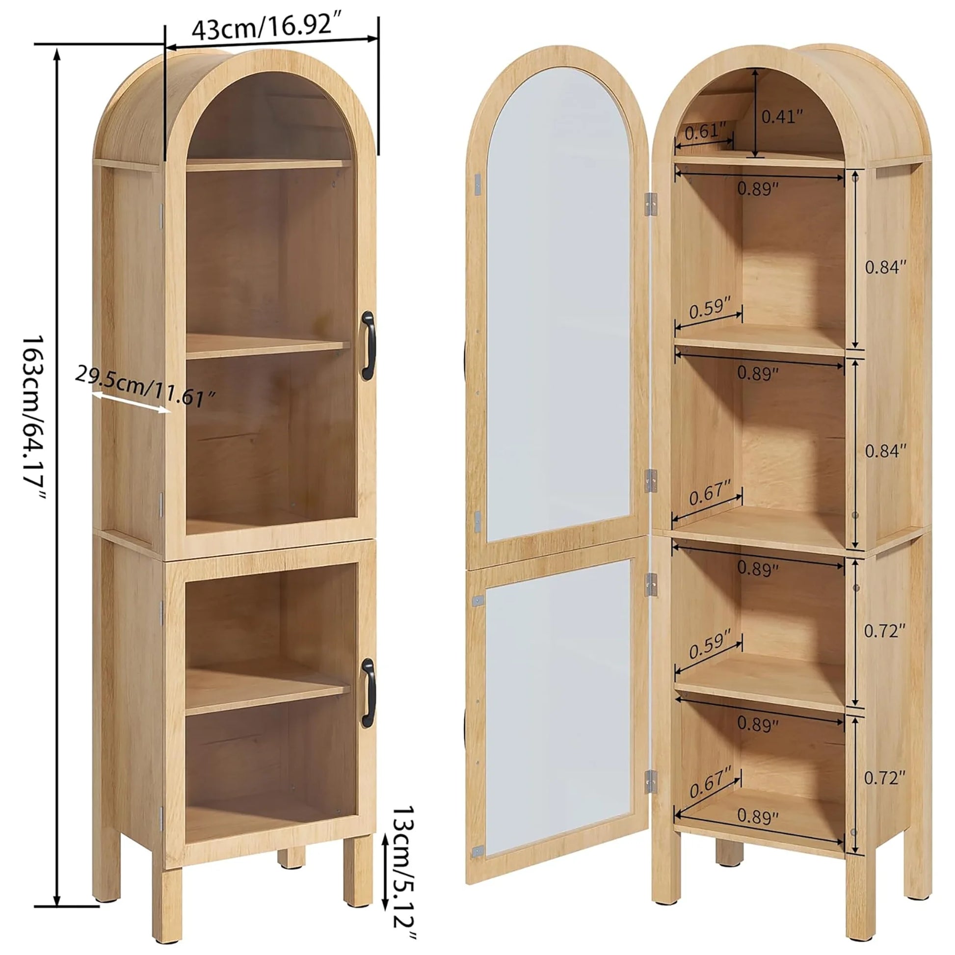Tall Arched Storage Display Cabinet 5-Shelf with Acrylic Glass Doors, Kitchen Pantry Storage Cabinet Accent Cabinet Bookcase for Living Dining Room