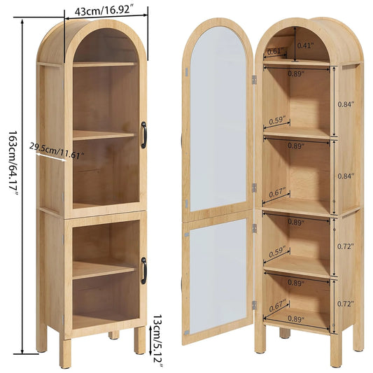 Tall Arched Storage Display Cabinet 5-Shelf with Acrylic Glass Doors, Kitchen Pantry Storage Cabinet Accent Cabinet Bookcase for Living Dining Room