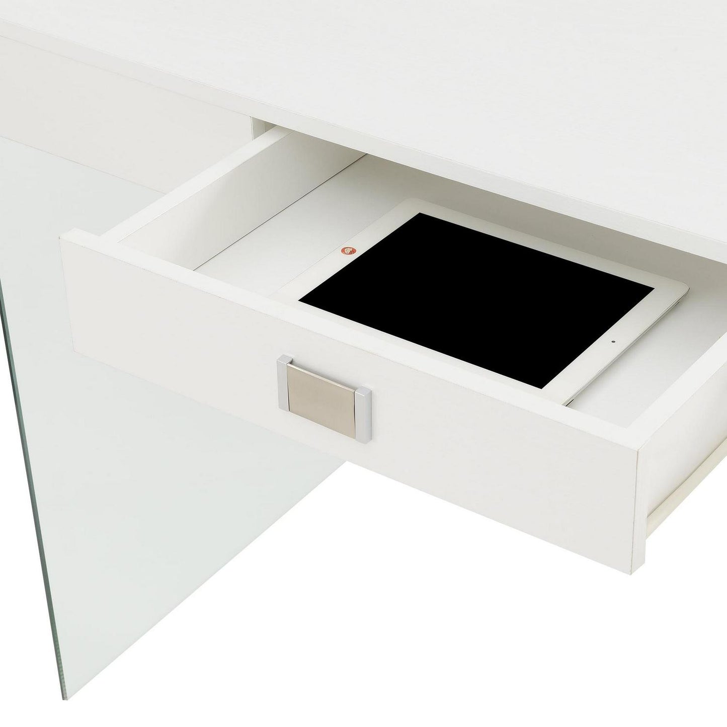 Convenience Concepts SoHo 30′′H 42′′ W Glass Desk with Charging Station. White/Glass. All Ages