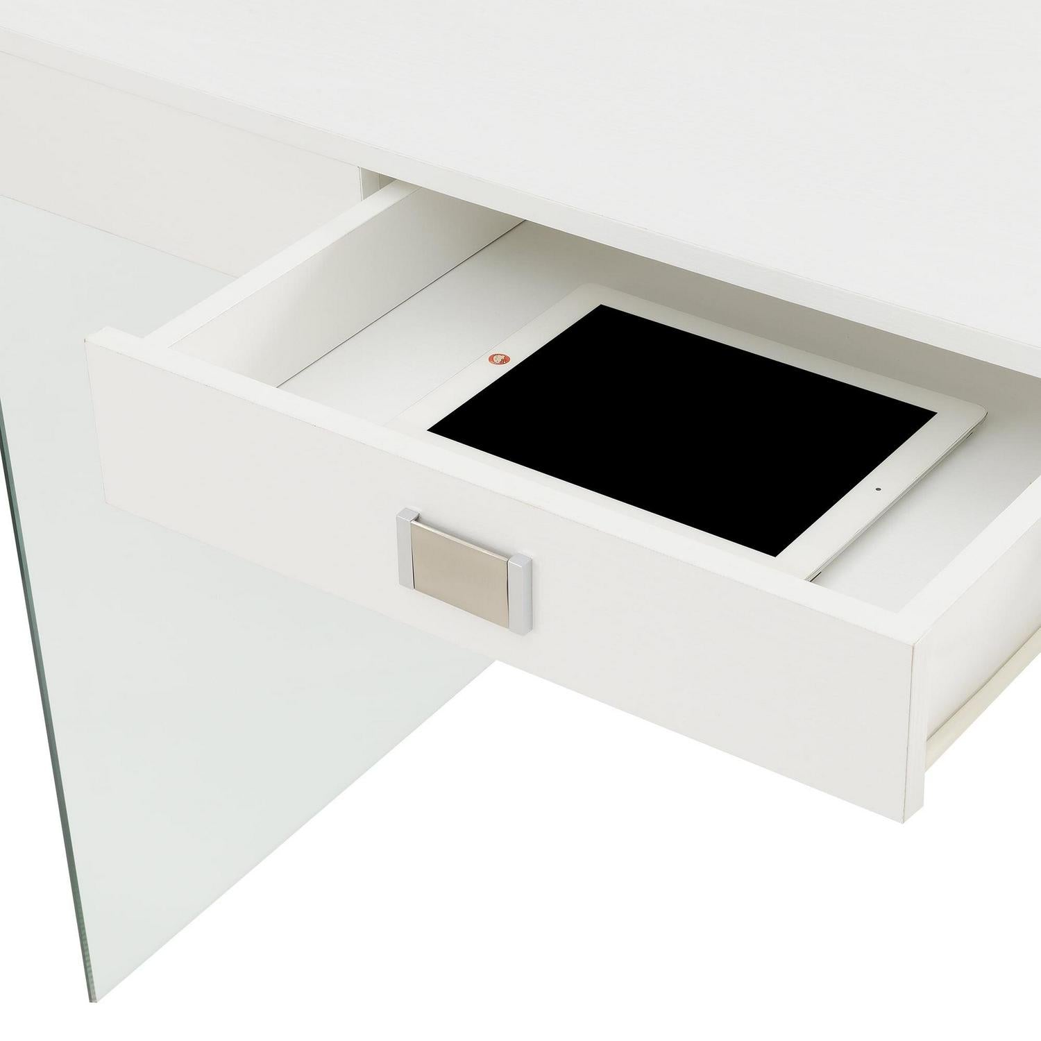 Convenience Concepts SoHo 30′′H 42′′ W Glass Desk with Charging Station. White/Glass. All Ages