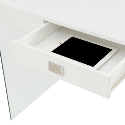 Convenience Concepts SoHo 30′′H 42′′ W Glass Desk with Charging Station. White/Glass. All Ages