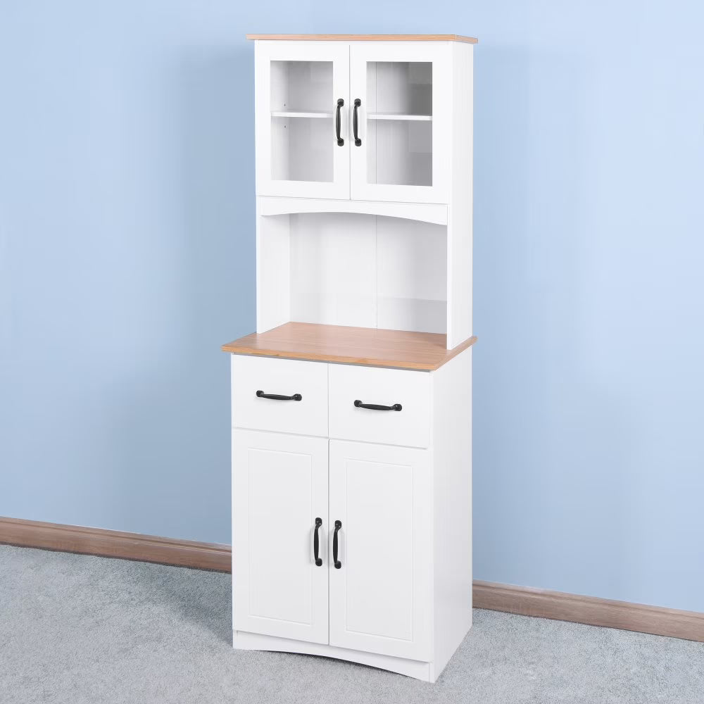 GZXS 67" Modern Buffet with Hutch, Kitchen Pantry Microwave Cabinet with Framed Glass Doors and 2 Drawers, White