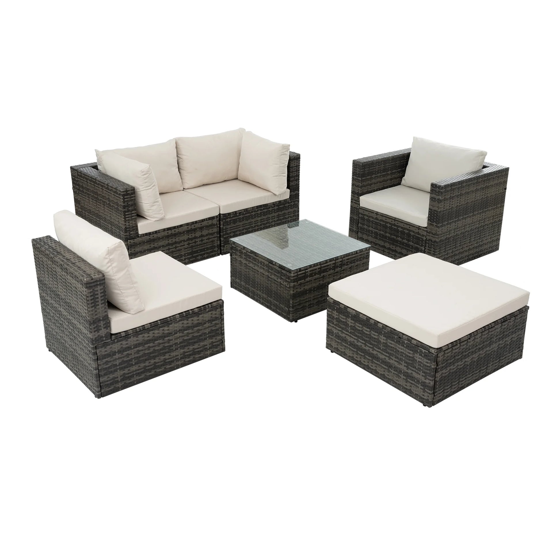 Highsound 6 Piece Patio Furniture Sets, All Weather PE Wicker Rattan Outdoor Sectional Sofa Conversation Couch with Glass Table, Cushions and Ottoman, for Lawn, Garden, Backyard, Beige