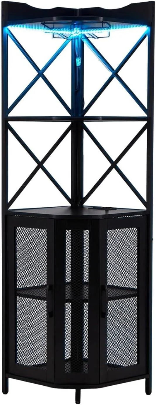 EROMMY Corner Bar Cabinet with Power Outlet, 5-Tiers Wine Bar Cabinet with LED Light and Glass Holder, Industrial Home Bar for Dining Room, Living Room, Kitchen, Modern Black