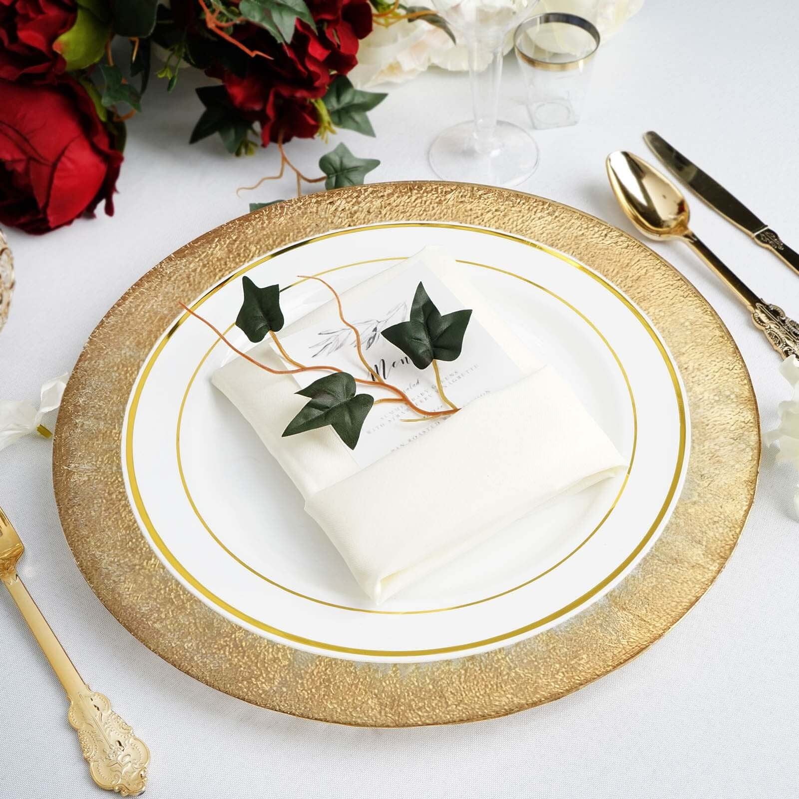 Efavormart 8 Pack - 13" Gold Glass Charger Plates Reusable Rim Charger Plates Spray Design Plates - Perfect for Wedding , Party Decorations, Banquet, Upscale Occasions, Birthday Celebrations