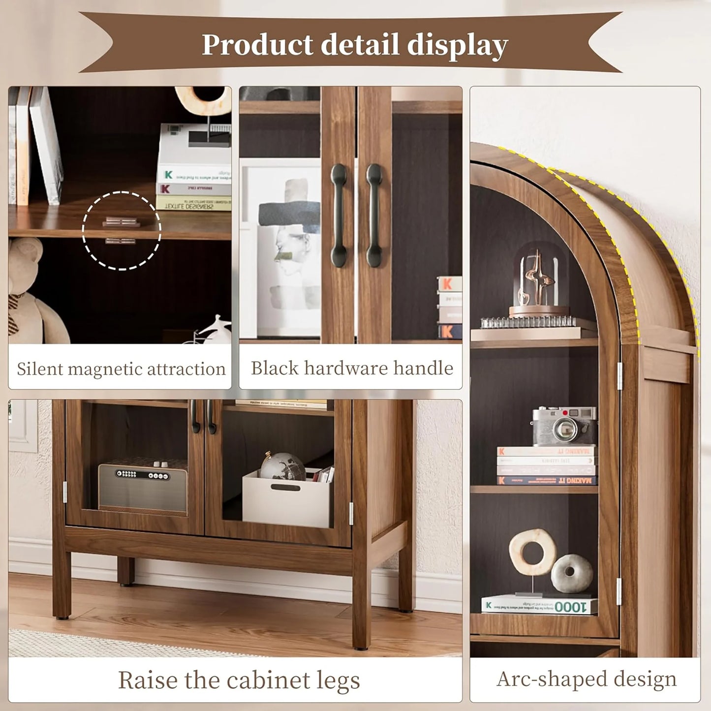 Tall Arched Storage Display Cabinet 5-Shelf with Acrylic Glass Doors, Kitchen Pantry Storage Cabinet Accent Cabinet Bookcase for Living Dining Room