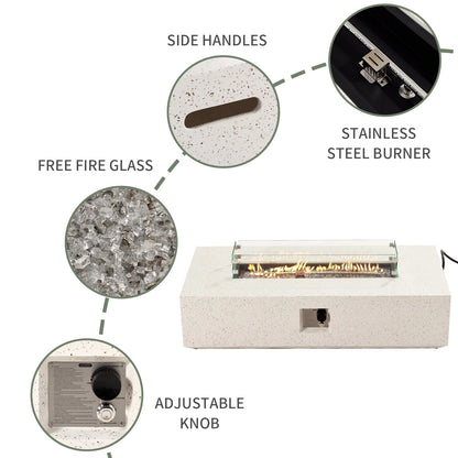COSIEST Outdoor Rectangular Propane Fire Pit Table, Terrazzo White Concrete Finish, 50,000 BTU Stainless Steel Burner with Glass Wind Guard, Rain Cover