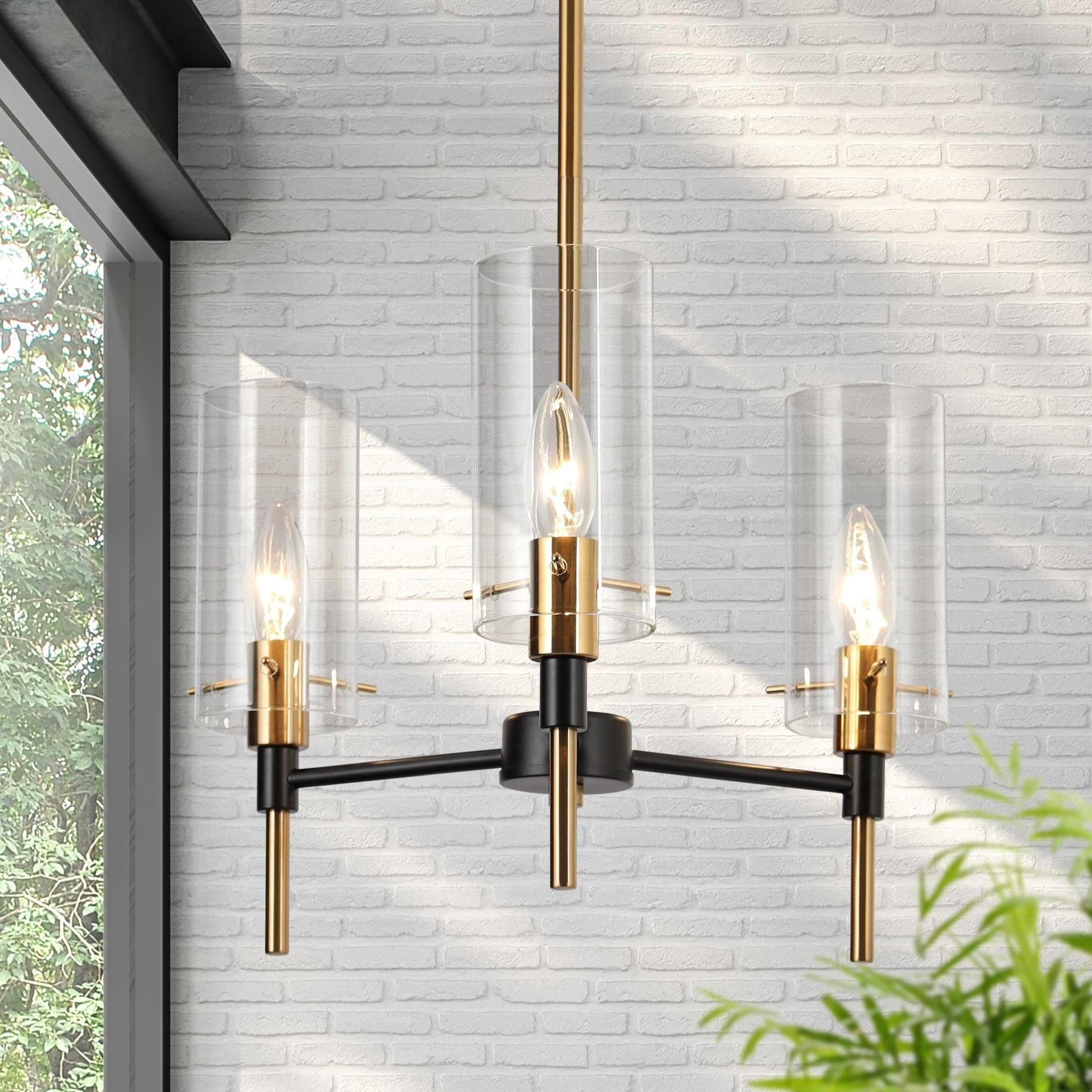 Savonnerie Modern 3-Light Black Gold Chandelier Pendant Light with Glass Shades Kitchen Island Light for Dining Room Cylindrical