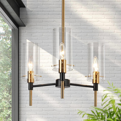 Savonnerie Modern 3-Light Black Gold Chandelier Pendant Light with Glass Shades Kitchen Island Light for Dining Room Cylindrical