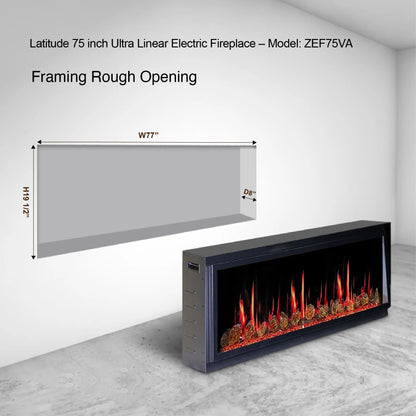 Litedeer Homes Latitude 75" Smart Electric Fireplace with App, Crackling Fire Sounds, Reflective Amber Glass, Black - ZEF75VA