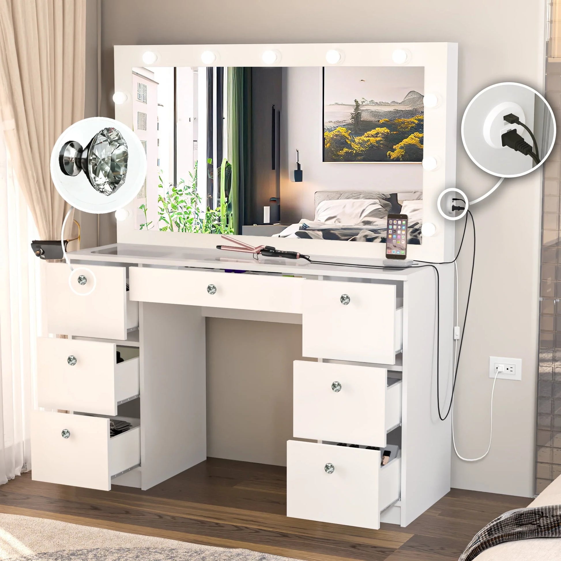 Ibbie Modern Vanity Table 7 Drawers Lights Mirror Crystal Knobs Glass Top White Painted for Bedroom