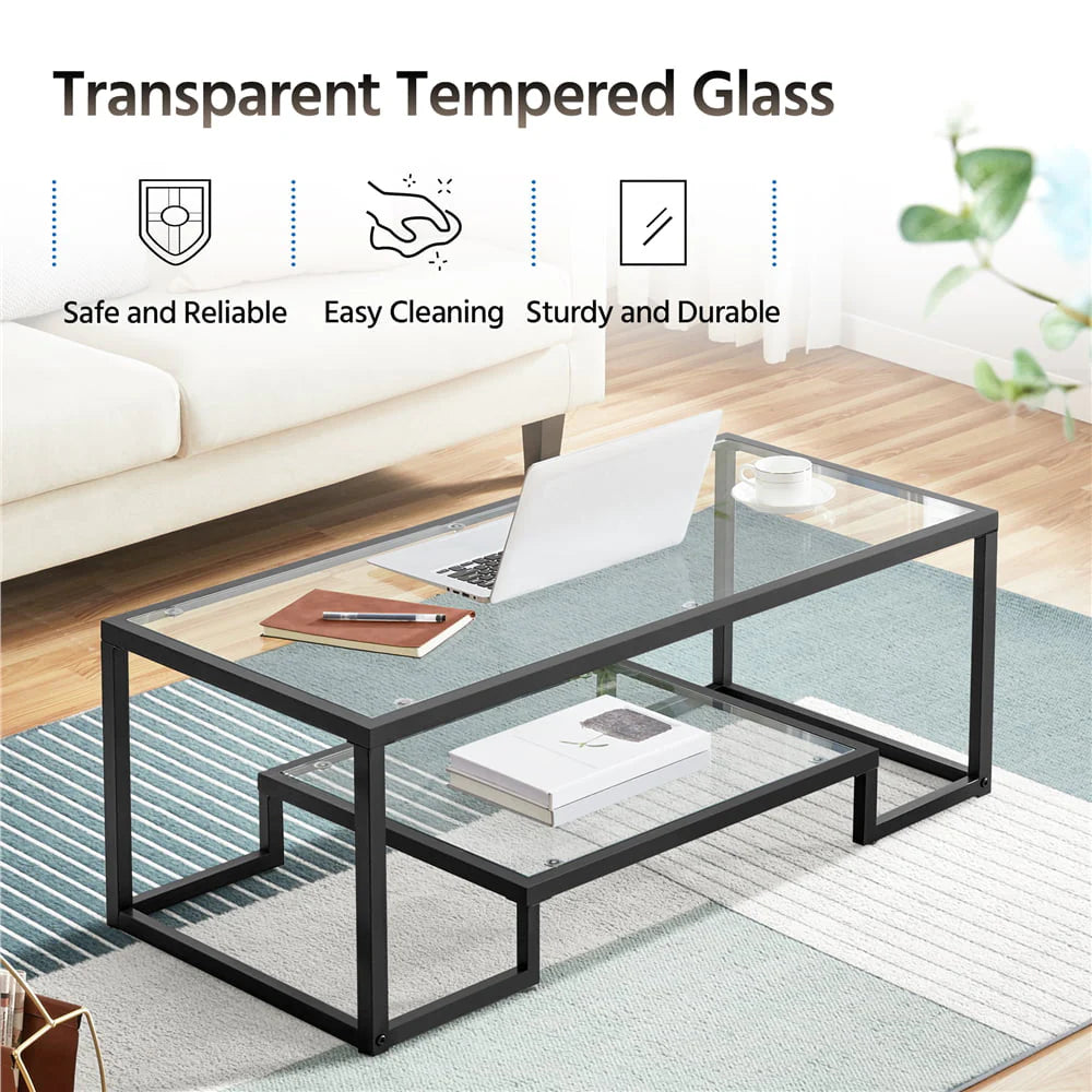 Smile Mart Modern Glass Coffee Table with Metal Frame, Black