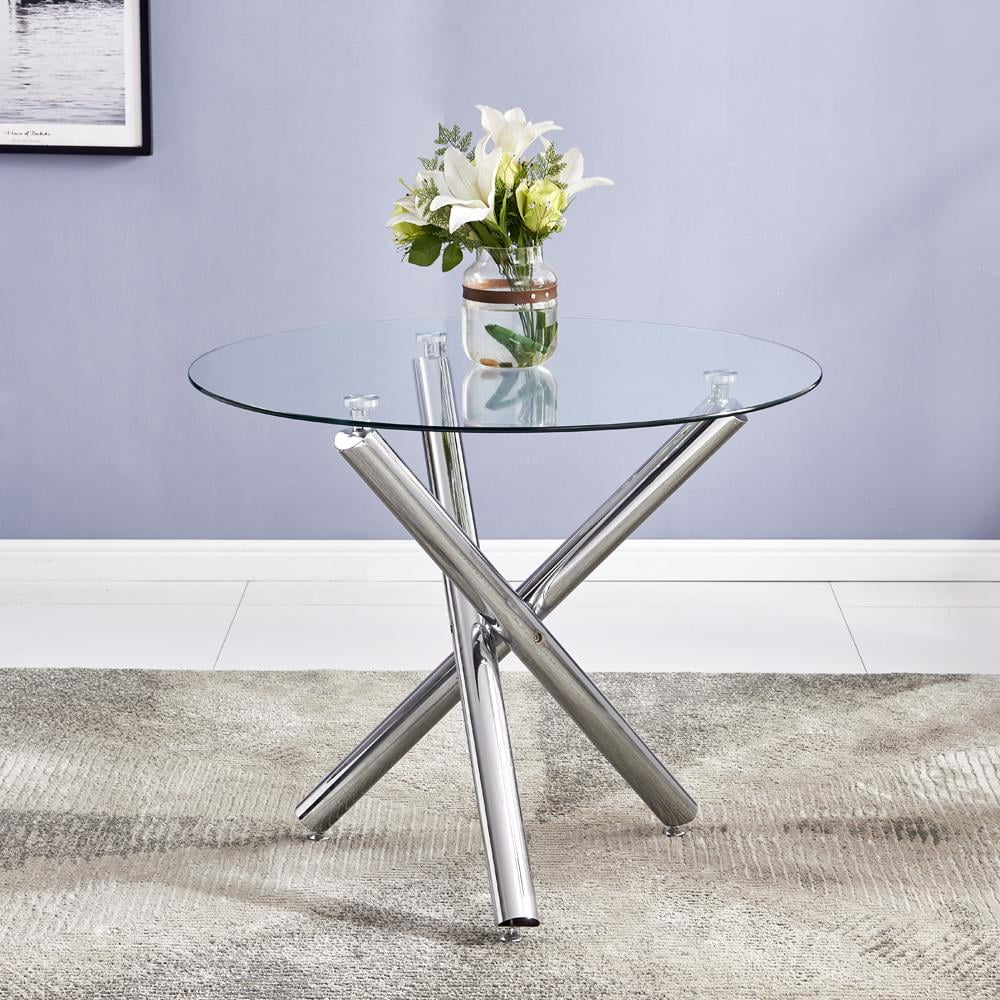 Ktaxon 5 Piece Round Dining Table Set, Modern Kitchen Table and Chairs for 4 Person Clear Tempered Glass Top