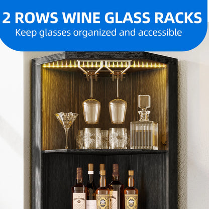 Dextrus 67" Corner Bar Cabinet with LED Lights, Wine Glass Holder & Storage Shelves, Black