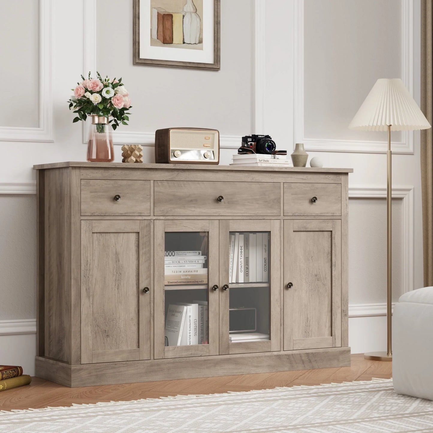 Homfa 55.1'' W Kitchen Buffet Sideboard, 3 Drawer Glass Door Accent Cabinet Coffee Bar with Adjustable Shelf for Dining Room Living Room, Gray Finish