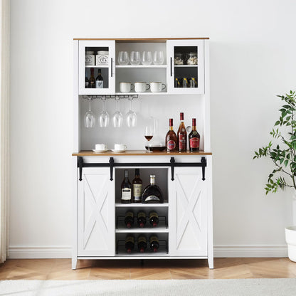 Faitaliicy Tall Farmhouse Bar Cabinet With Sliding Barn Door Rustic Buffet Cabinet Large Kitchen Buffet Liquor Cabinet With Wine And Glasses Rack Coffee Bar Sideboard Table For Kitchen Dining Room