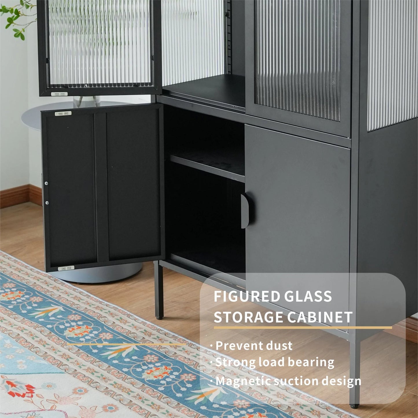 Tall 3-Shelf Steel Accent Cabinet with Fluted Glass and Upper & Lower Door-Black