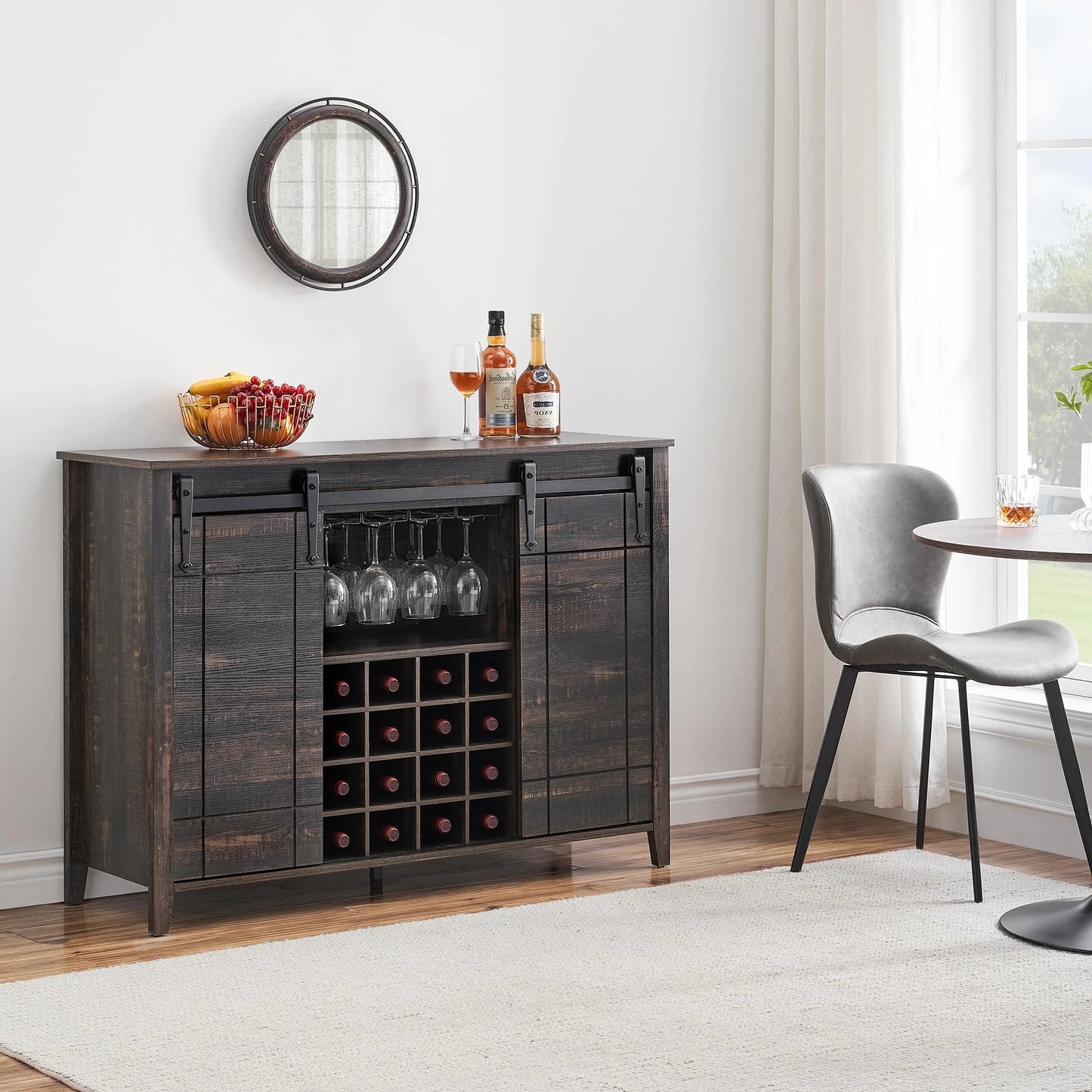 DSstyles 47" Coffee Bar Cabinet w/16 Wine & Glass Rack, Storage Shelves Farmhouse Wine Bar Cabinet w/Sliding Barn Door Rustic Large Buffet Sideboard Cabinet for Dining Room