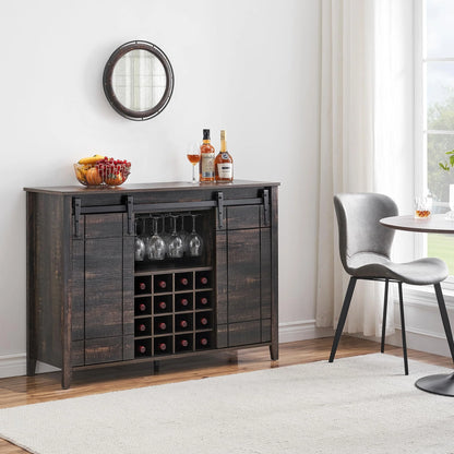 DSstyles 47" Coffee Bar Cabinet w/16 Wine & Glass Rack, Storage Shelves Farmhouse Wine Bar Cabinet w/Sliding Barn Door Rustic Large Buffet Sideboard Cabinet for Dining Room