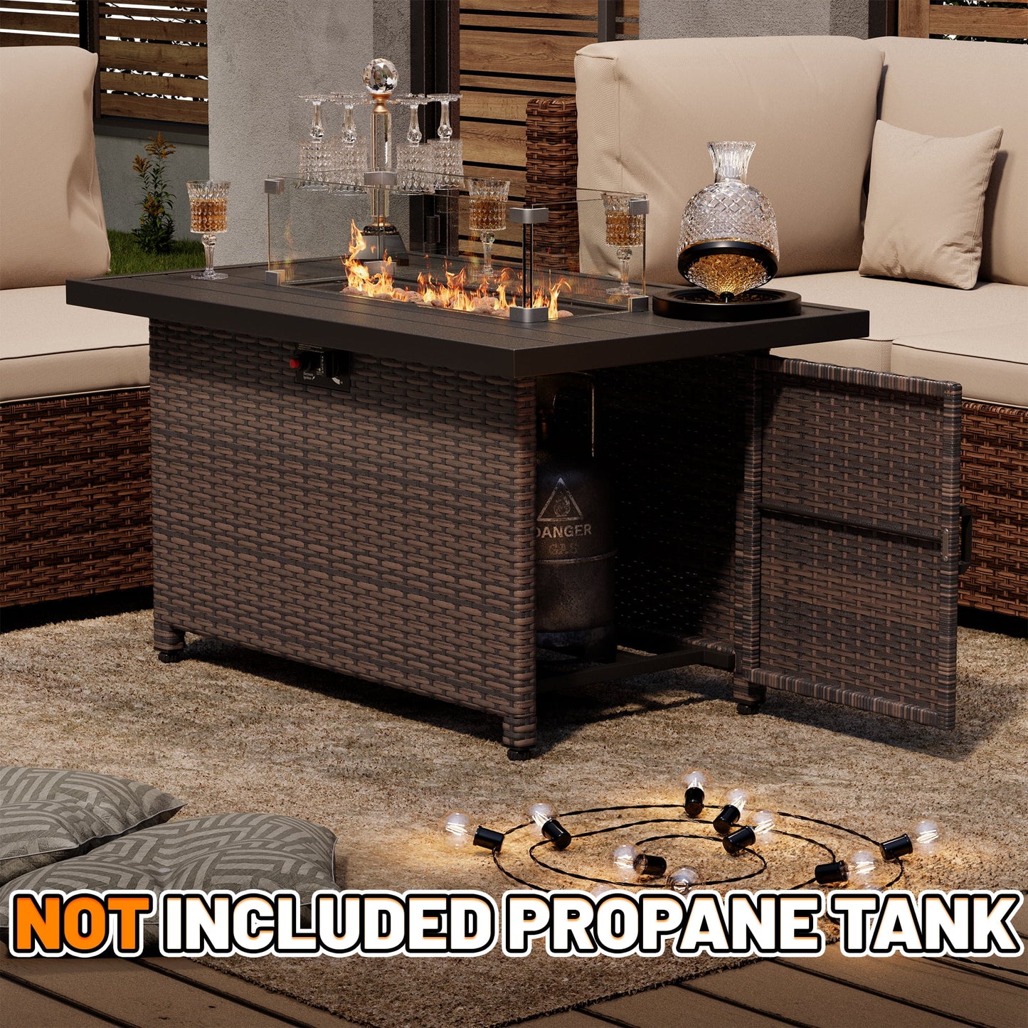 44 Inch Outdoor Wicker Fire Pit Table, 50000 BTU Propane Fire Pits with Glass Wind Guard and Lid, Patio Gas Fire Pit for Outside Patio and Garden(Brown)