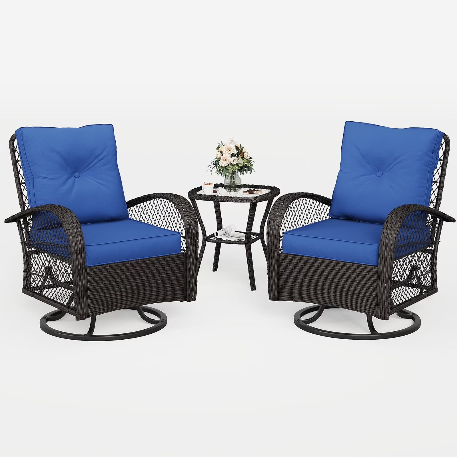 MRUAKA 3 Pieces Patio Furniture Set, Outdoor Swivel Gliders Rocker, Wicker Patio Bistro Set with Rattan Rocking Chair, Glass Top Side Table and Thickened Cushions (Khaki)