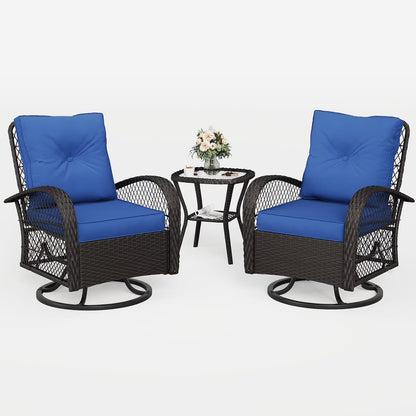 MRUAKA 3 Pieces Patio Furniture Set, Outdoor Swivel Gliders Rocker, Wicker Patio Bistro Set with Rattan Rocking Chair, Glass Top Side Table and Thickened Cushions (Khaki)