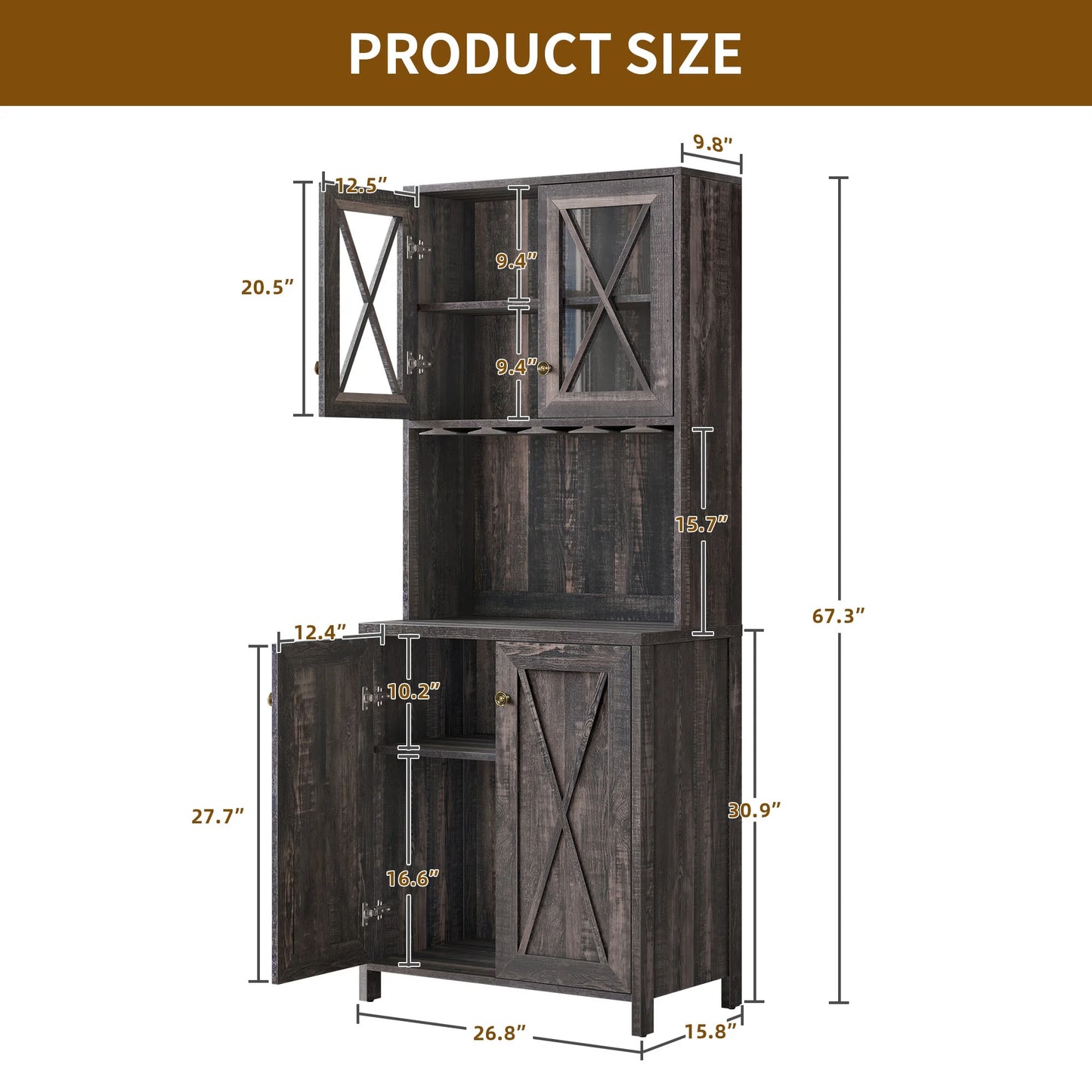 DEXTRUS Farmhouse Kitchen Pantry Storage Cabinet with Doors & Glass Holder, Dark Oak