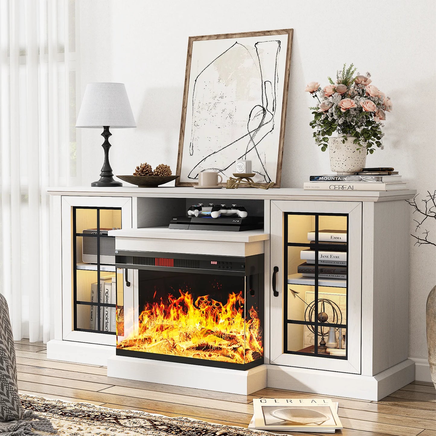 Easoger 59'' Fireplace TV Stand for TVs up to 65", 12 Flame Colors&12 LED Light Colors, TV Console with 3-Sided Glass Fireplace, for Living Room, White