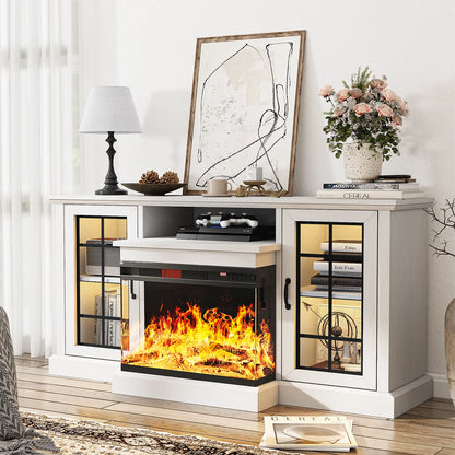 Easoger 59'' Fireplace TV Stand for TVs up to 65", 12 Flame Colors&12 LED Light Colors, TV Console with 3-Sided Glass Fireplace, for Living Room, White
